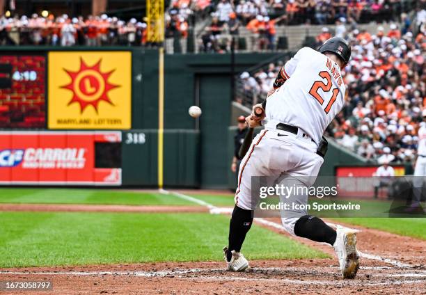 September 17: Baltimore Orioles left fielder Austin Hays bats during the Tampa Bay Rays versus the Baltimore Orioles on September 17, 2023 at Oriole...