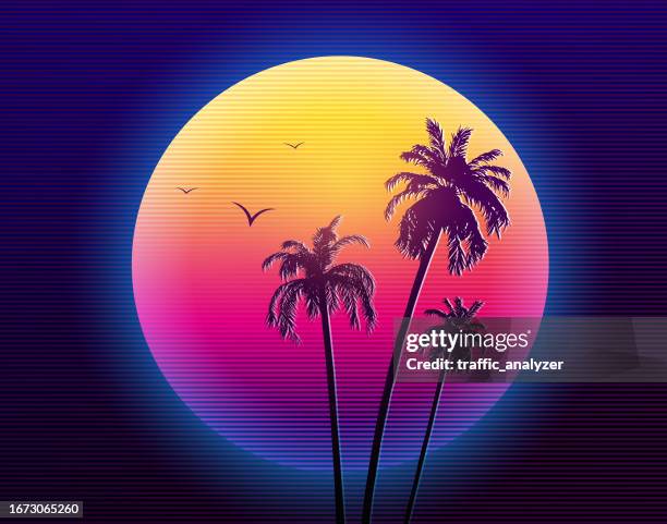 synthwave retro background - palm trees - sun flare trees stock illustrations