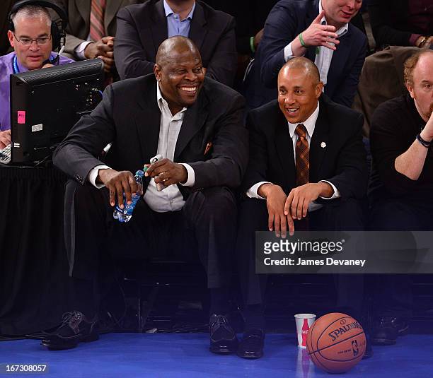 Patrick Ewing and John Starks attend the Boston Celtics vs New York Knicks Playoff Game at Madison Square Garden on April 23, 2013 in New York City.