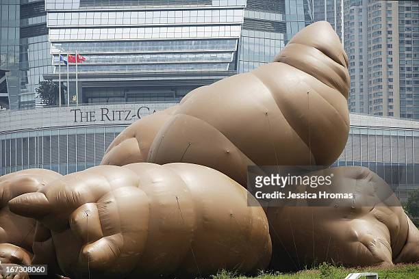 An inflatable sculpture called 'Complex Pile' by American contemporary artist Paul Mccarthy on display as part of the 'Inflation!' exhibition curated...