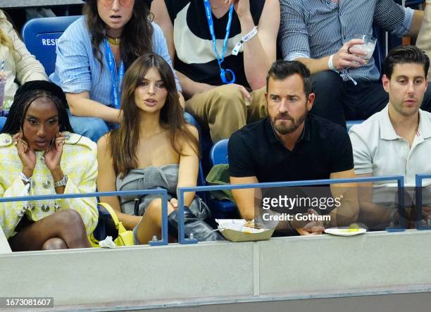 Ziwe, Emily Ratajkowski and Justin Theroux are seen at the Men's final match between Novak Djokovic vs. Danill Medvedev at the 2023 US Open Tennis...