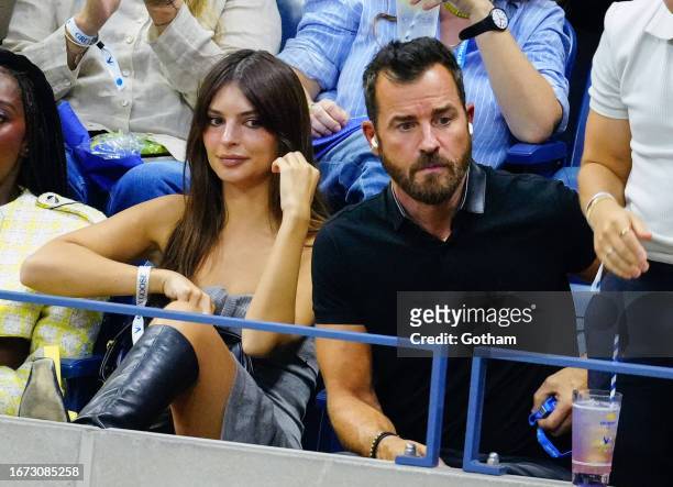 Emily Ratajkowski and Justin Theroux are seen at the Men's final match between Novak Djokovic vs. Danill Medvedev at the 2023 US Open Tennis...