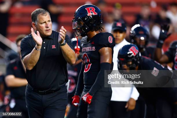 Head coach Greg Schiano of the Rutgers Scarlet Knights during pregame before a game against the Temple Owls at SHI Stadium on September 9, 2023 in...