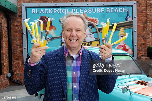 Nick Park poses as he opens the worlds first Wallace & Gromit Ride 'Thrill-O-Matic' at Blackpool Pleasure Beach on April 24, 2013 in Blackpool,...