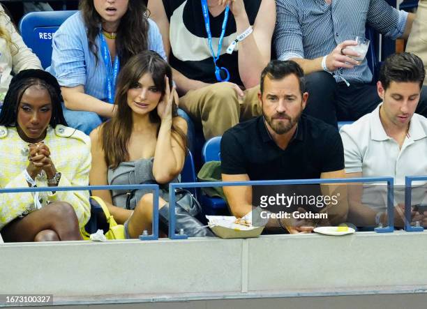 Ziwe, Emily Ratajkowski and Justin Theroux are seen at the Men's final match between Novak Djokovic vs. Danill Medvedev at the 2023 US Open Tennis...