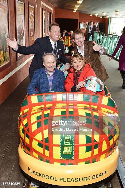 Nick Thompson, Nick Park, Merlin Crossingham and Amanda Thompson OBE ride the worlds first Wallace & Gromit Ride 'Thrill-O-Matic' at Blackpool...