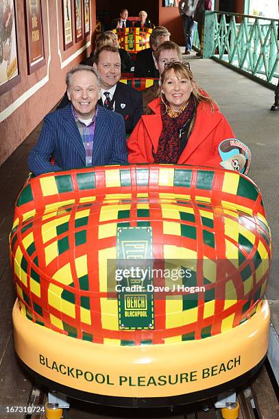 Nick Thompson, Nick Park, Merlin Crossingham and Amanda Thompson OBE ride the worlds first Wallace & Gromit Ride 'Thrill-O-Matic' at Blackpool...