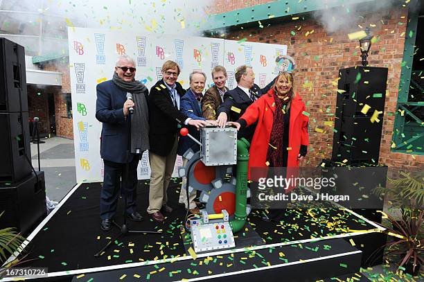 Christopher Biggins, Nick Farmer, Nick Park, Merlin Crossingham, Nick Thompson and Amanda Thompson pose as they open the worlds first Wallace &...