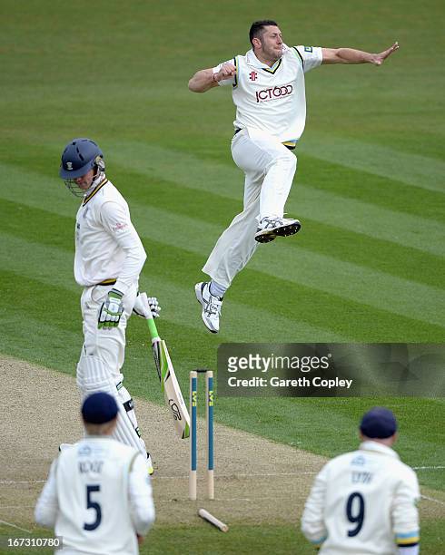 Tim Bresnan of Yorkshire celebrates bowling Keaton Jennings of Durham during day one of the LV County Championship division one match between Durham...