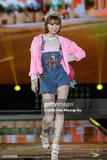 Ke Eun of South Korean girl group Dal Shabet showcases during day two of the K-Pop Collection at Olympic Gymnasium on April 21, 2013 in Seoul, South...