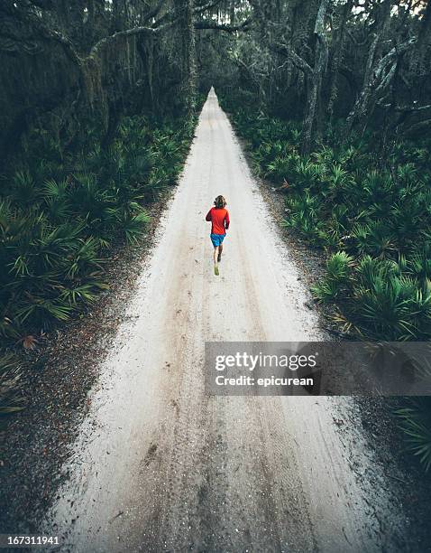 solitary male runs under trees on road at sunset - distance running stock pictures, royalty-free photos & images