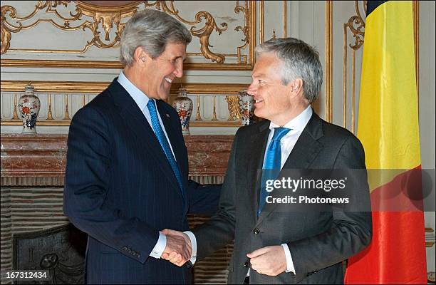 Secretary John Kerry pictured during his meeting with Belgian Foreign Affairs Minister Didier Reynders on April 24, 2013 in Brussels, Belgium. Kerry...