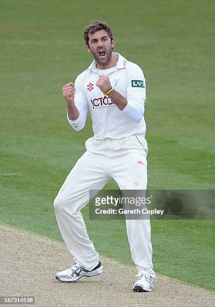Liam Plunkett of Yorkshire celebrates dismissing Scott Borthwick of Durham during day one of the LV County Championship division one match between...