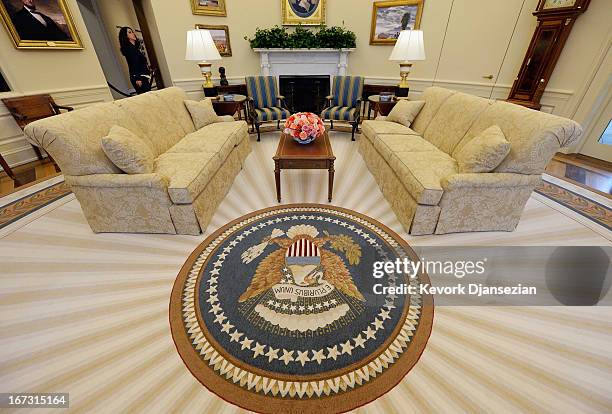 Recreated White House Oval Office is seen during a tour of the George W. Bush Presidential Center on the campus of Southern Methodist University on...