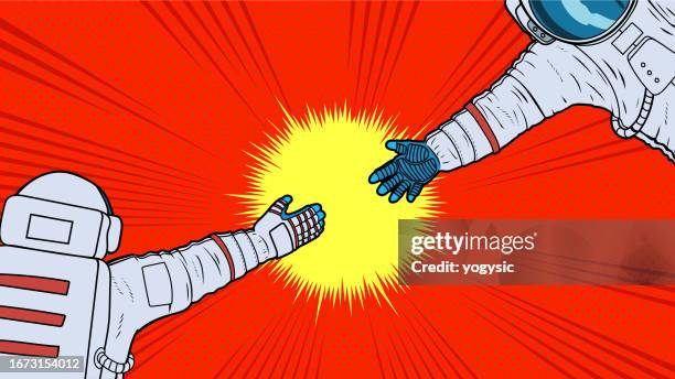 vector pop art astronaut helping hands reaching each other stock illustration - astronaut glove stock illustrations