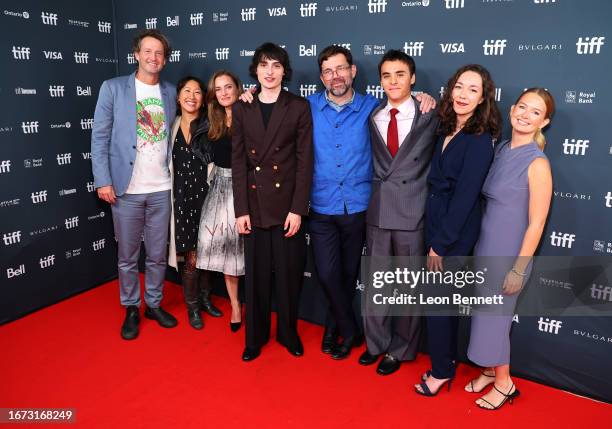 Trevor Groth, Sarah Hong, Maren Olson, Finn Wolfhard, Jay Van Hoy, Billy Bryk, Kristy Neville and Drew Brennan attend the "Hell of a Summer" Premiere...