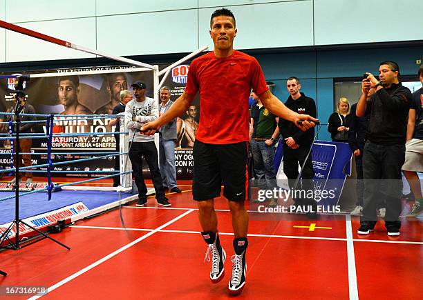 Mexican former IBF Lightweight boxing champion, Julio Diaz, skips during a media training session at a gym in Sheffield on April 24, 2013 ahead of...