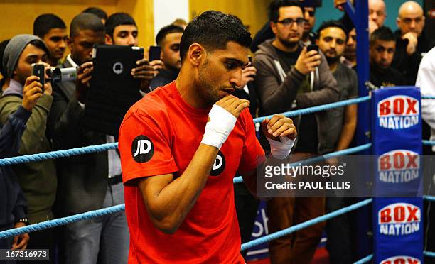 British boxer Amir Khan takes part in a training session at The English Institute of Sport in Sheffield, northern England, on April 24, 2013 ahead of...