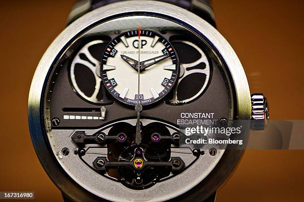 Constat Escapement wristwatch, manufactured by Girard-Perregaux, a unit of PPR SA, sits on display at the Baselworld watch fair in Basel,...