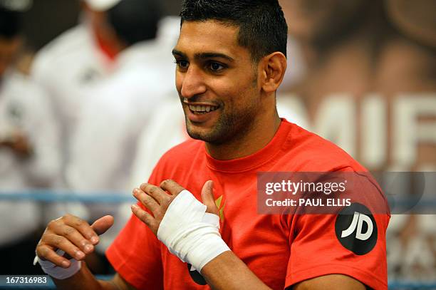 British boxer Amir Khan takes part in a training session at The English Institute of Sport in Sheffield, northern England, on April 24, 2013 ahead of...