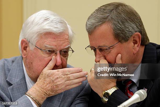 Rep. Hal Rogers confers with Rep. Tom Latham as FAA Administrator Michael Huerta testifies before a subcommittee of the House Appropriations...