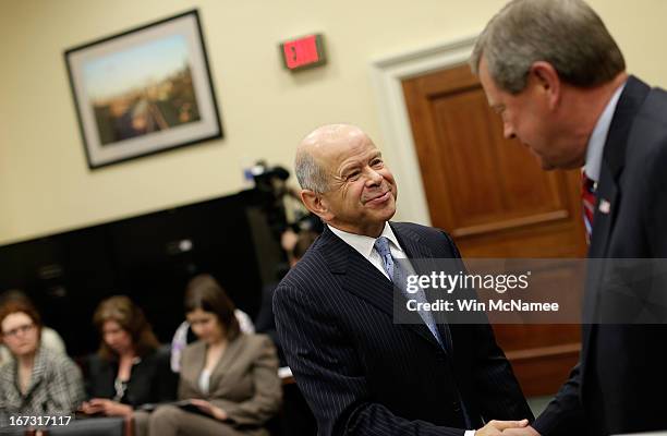 Rep. Tom Latham greets FAA Administrator Michael Huerta prior to Huerta's testimony before a subcommittee of the House Appropriations committee on...