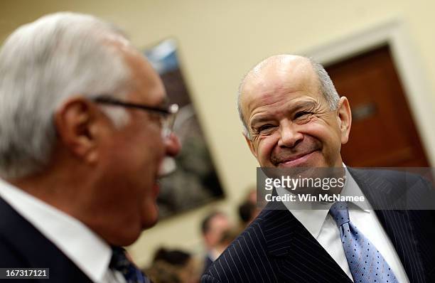 Rep. Ed Pastor greets FAA Administrator Michael Huerta prior to Huerta's testimony before a subcommittee of the House Appropriations committee on...
