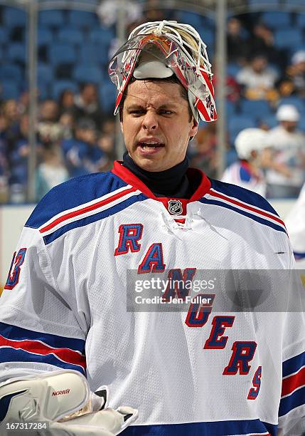 Martin Biron of the New York Rangers warms up to play the Buffalo Sabres at First Niagara Center on April 19, 2013 in Buffalo, United States.