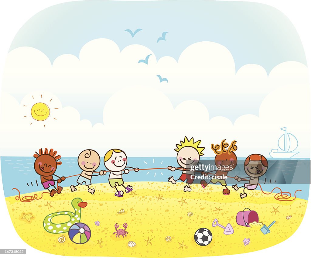 Happy children playing at beach cartoon illustration