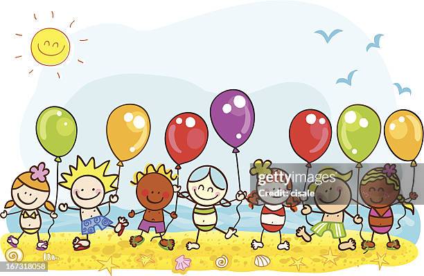 happy summer holiday at beach kids with balloons cartoon illustration - african girls on beach stock illustrations