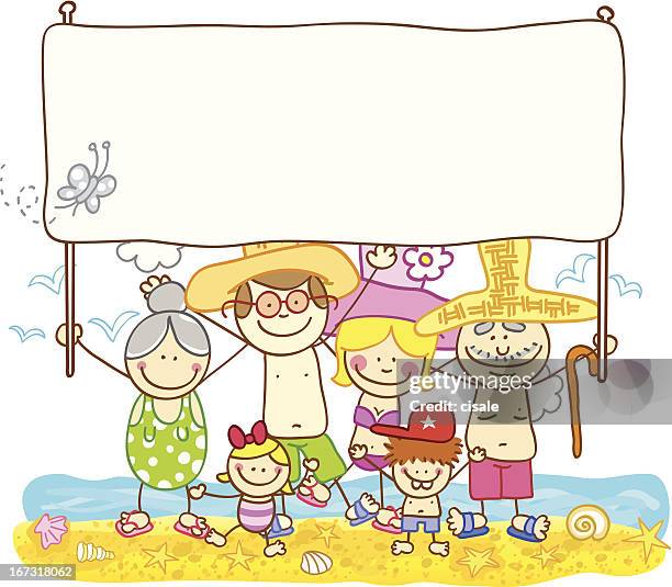 ilustraciones, imágenes clip art, dibujos animados e iconos de stock de familia feliz con banner de verano ilustración dibujo animado - abuelos y nietos