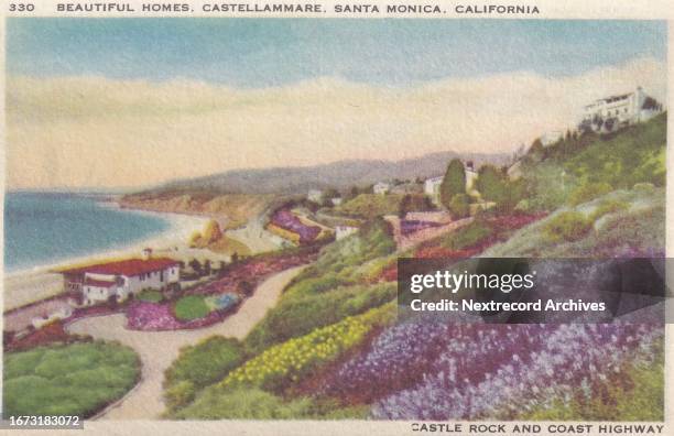 Vintage souvenir postcard published in 1947 from the Santa Monica, California series, depicting landmarks of the seaside city, here the glamorous...