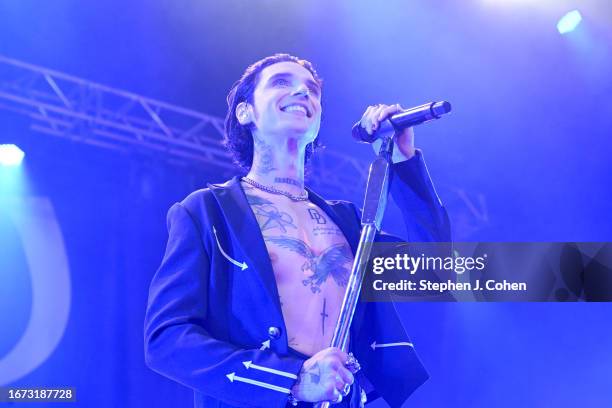 Andy Biersack of the band Black Veil Brides performs at Old Forester's Paristown Hall on September 10, 2023 in Louisville, Kentucky.