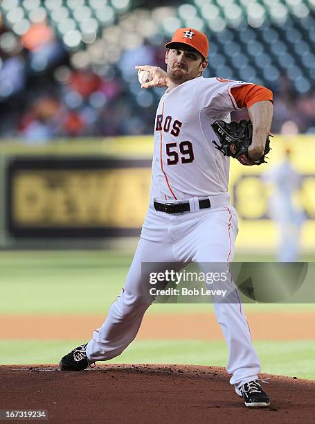 Philip Humber of the Houston Astros pitches against the Cleveland Indians in the first inning at Minute Maid Park on April 20, 2013 in Houston, Texas.