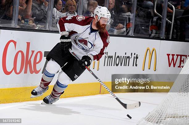 Greg Zanon of the Colorado Avalanche skates with the puck against the Los Angeles Kings at Staples Center on April 11, 2013 in Los Angeles,...