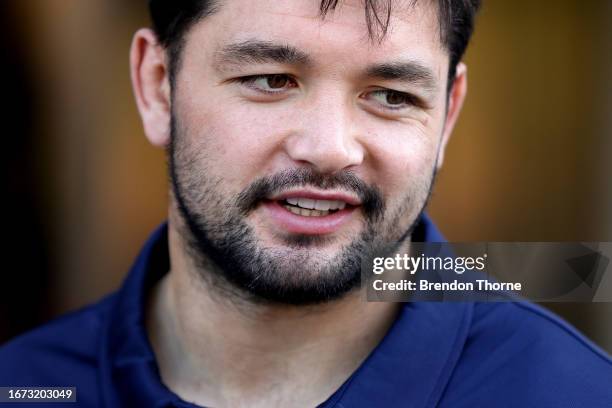 Brandon Smith of the Roosters speaks to the media following a Sydney Roosters NRL training session at Allianz Stadium on September 11, 2023 in...