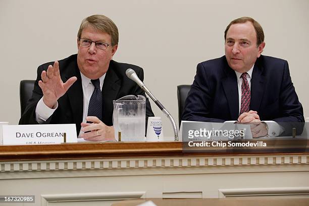 Hockey USA Executive Director Dave Ogrean and NHL Commissioner Gary Bettman participate in a briefing on the state of hockey with members of the...