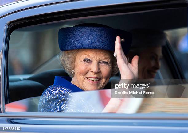 Queen Beatrix of The Netherlands leaves after opening Huygens Exhibition in her last official engagement before her abdication on April 24, 2013 in...