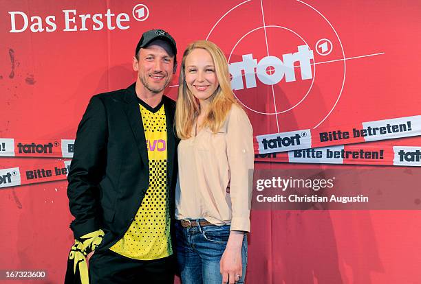 Wotan Wilke Moehring and Petra Schmidt-Schaller attend preview of Tatort "Feuerteufel at Passage cinema on April 24, 2013 in Hamburg, Germany.