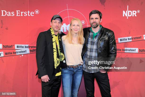 Wotan Wilke Moehring, Petra Schmidt-Schaller and Sebastian Schipper attend preview of Tatort "Feuerteufel at Passage cinema on April 24, 2013 in...