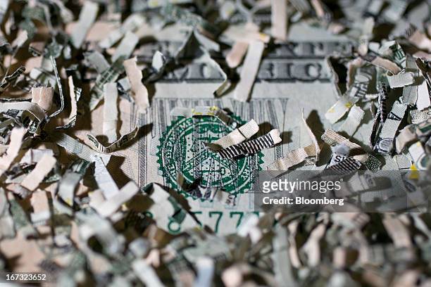Shredded currency surrounds the seal of the U.S. Treasury on a twenty dollar bill in Washington, D.C., U.S., on Wednesday, April 24, 2013. The S&P...