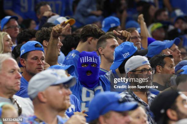 Detroit fan wearing a "Villain" blue ski mask cheers during the fourth quarter of an NFL football game between the Seattle Seahawks and the Detroit...