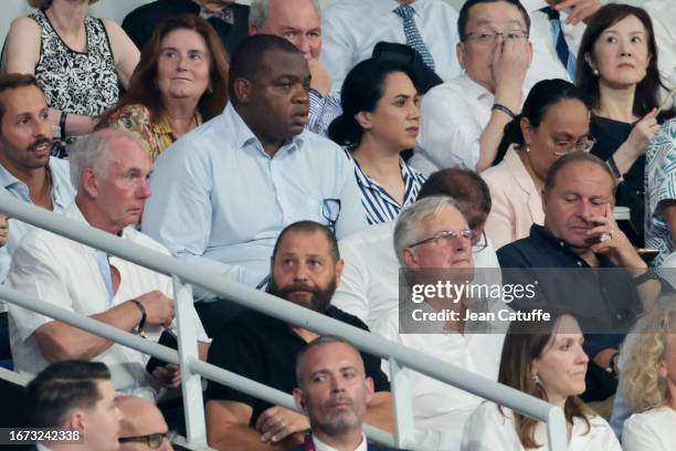 Provale President Robins Tchale-Watchou, Michel Barnier attend the Rugby World Cup France 2023 match between France and New Zealand at Stade de...