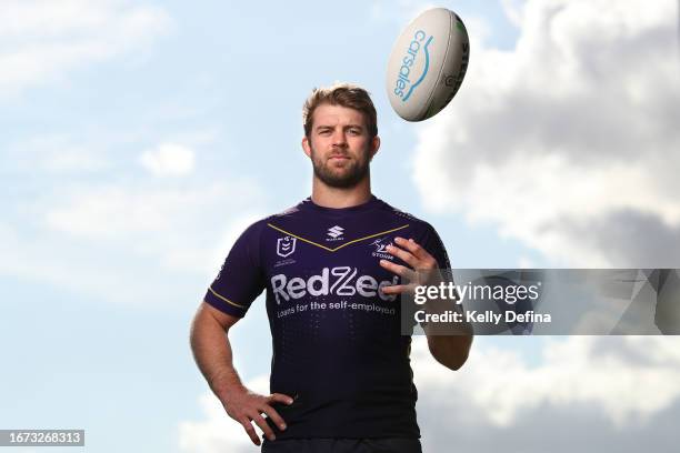 Christian Welch of the Storm poses for a portrait during a Melbourne Storm NRL media opportunity at AAMI Park on September 11, 2023 in Melbourne,...