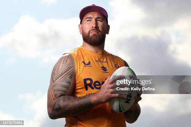 Nelson Asofa-Solomona of the Storm poses for a portrait during a Melbourne Storm NRL media opportunity at AAMI Park on September 11, 2023 in...