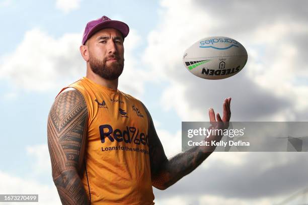 Nelson Asofa-Solomona of the Storm poses for a portrait during a Melbourne Storm NRL media opportunity at AAMI Park on September 11, 2023 in...