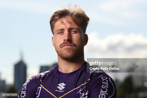 Cameron Munster of the Storm poses for a portrait during a Melbourne Storm NRL media opportunity at AAMI Park on September 11, 2023 in Melbourne,...