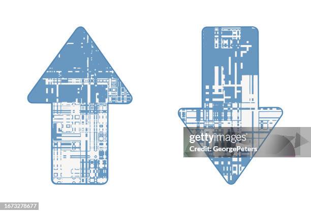 arrow symbol with semiconductor - pointing down white background stock illustrations