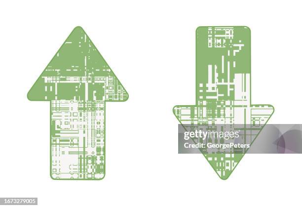 arrow symbol with semiconductor - pointing down white background stock illustrations