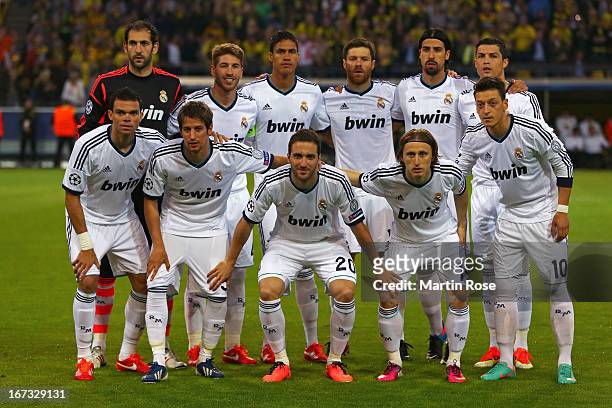 The Real Madrid team line up prior to the UEFA Champions League semi final first leg match between Borussia Dortmund and Real Madrid at Signal Iduna...